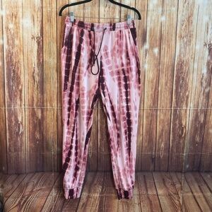 Shosho Women’s Marble Print Pink Burgundy Drawstring Jogger Pants with Pockets M